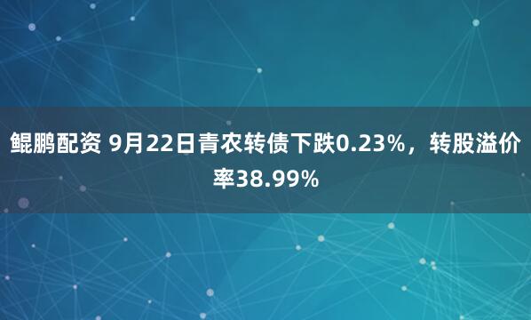 鲲鹏配资 9月22日青农转债下跌0.23%，转股溢价率38.99%